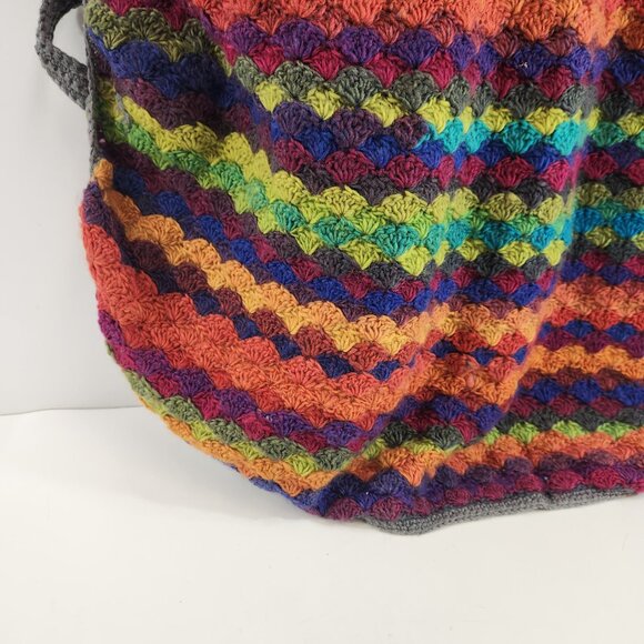 Hand Knit Rainbow Striped Hooded Poncho Unisex Hippie Colorful Yarn - Picture 9 of 14